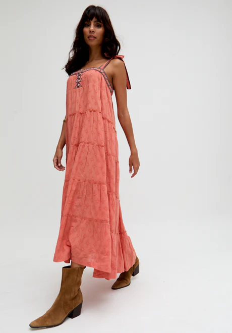 Orange Tiered Embroidered Maxi Dress