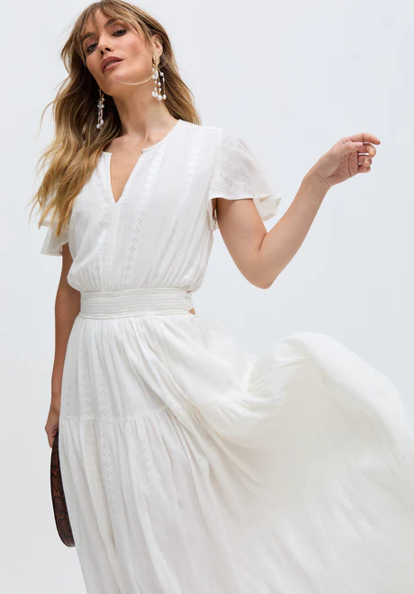 White Jacquard Maxi Dress with Ruffled Sleeves