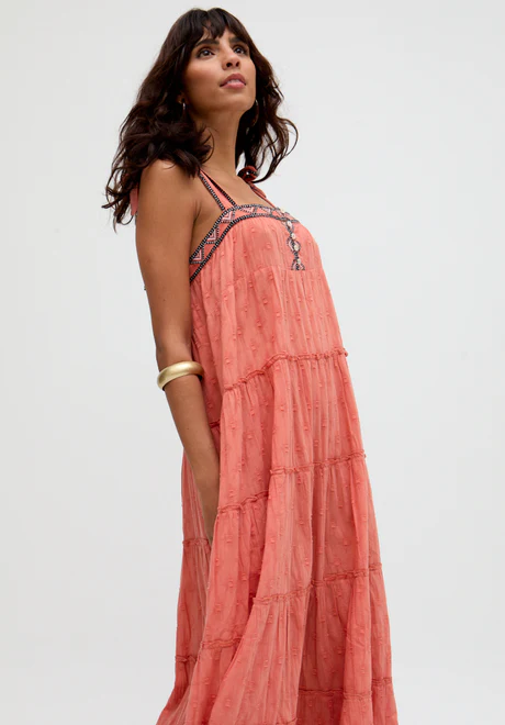Orange Tiered Embroidered Maxi Dress