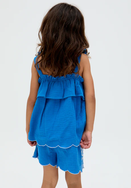 Children's Fully Embroidered Blue Set with Ruffled Neckline