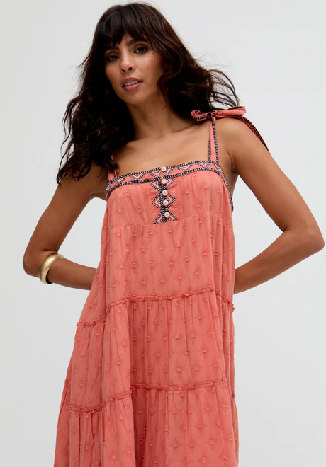 Orange Tiered Embroidered Maxi Dress